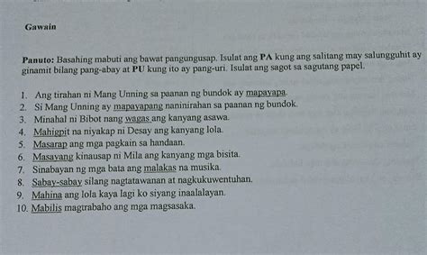 isulat ang PA kung ang salitang may salungguhut ay ginamit bilang pang ...