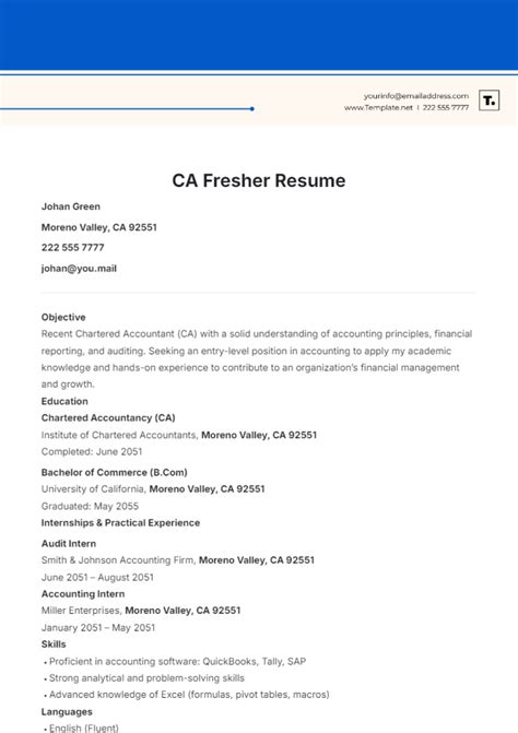 Free CA Fresher Resume Template to Edit Online