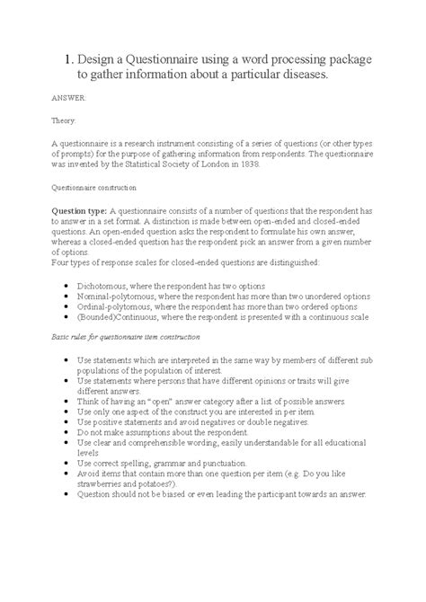 P Notes - NOTHING - 1 a Questionnaire using a word processing package ...