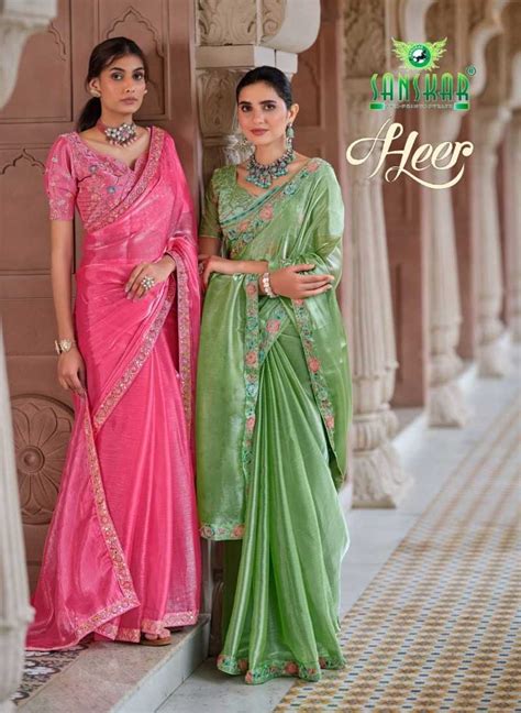 heer by sanskar tex prints 1001-1006 fancy chiffon saree with stitch ...