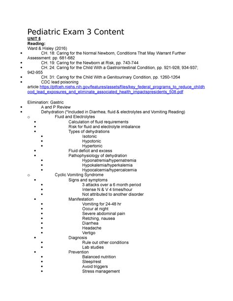 PEDS Exam 3 Tampa - exam review notes - Pediatric Exam 3 Content UNIT 5 ...