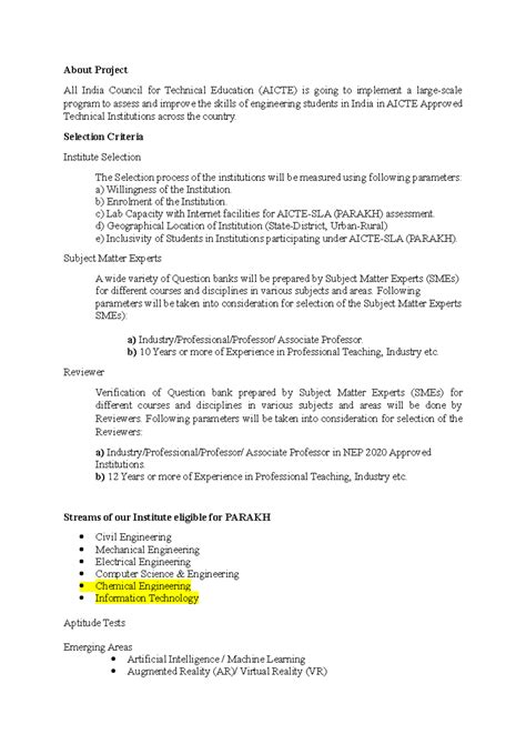 Parakh Important Points - About Project All India Council for Technical ...