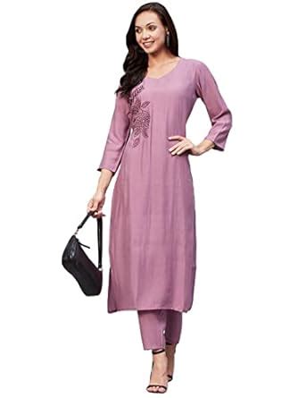 GoSriKi Women's Cotton Blend Straight Embroidered Kurta with Pant (Miti ...