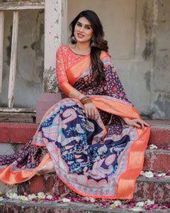 Buy ALMAARI FASHION Digital Print Kalamkari Silk Blend Blue Sarees ...