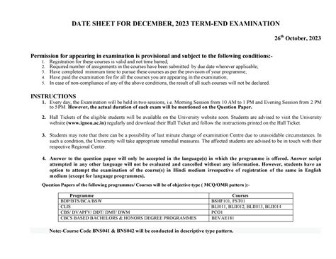 Ignou- Final- Datesheet - DATE SHEET FOR DECEMBER, 2023 TERM-END ...