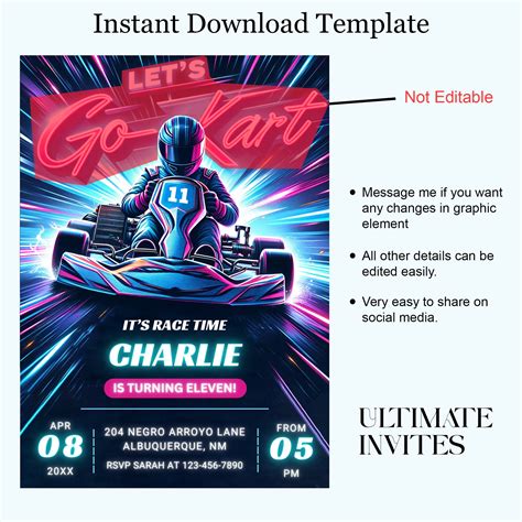 Editable Go Kart Birthday Party Invitation Card Template, Digital Go Kart Party Invite ...