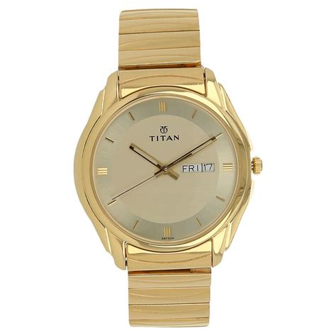 Buy Online Titan Quartz Analog with Day and Date Champagne Dial Golden ...