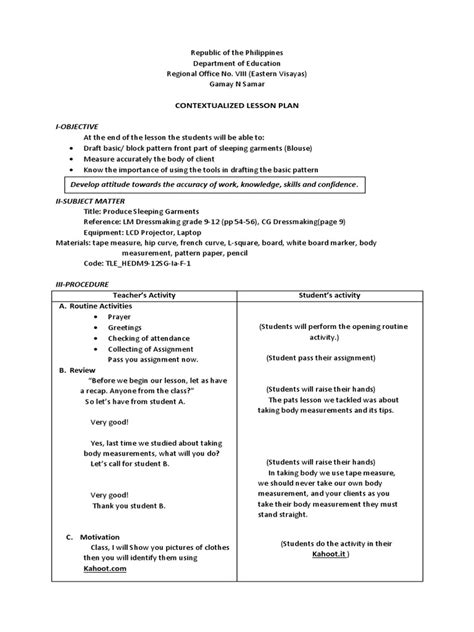 Image result for Sample Lesson Plan Dressmaking