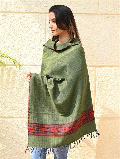 Buy Exclusive Soft Himachal Wool Stole with Woven Border - Pine & Rust ...