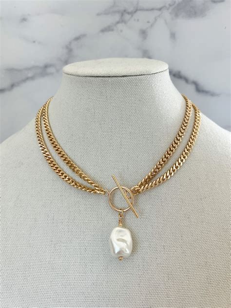 Gold Pearl Necklace Baroque Pearl Necklace Curb Chain Necklace Large ...