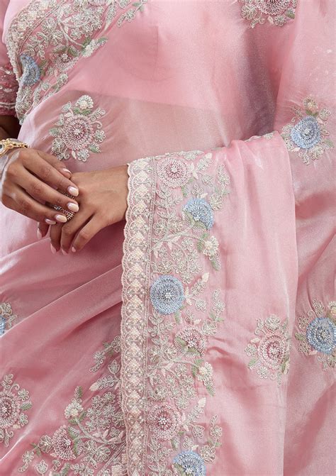 Buy Baby Pink Zariwork Tissue Saree - Koskii