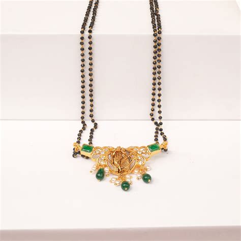 Stepped Black Bead Chain with Radha Krishna Pendant and Emerald Highli ...