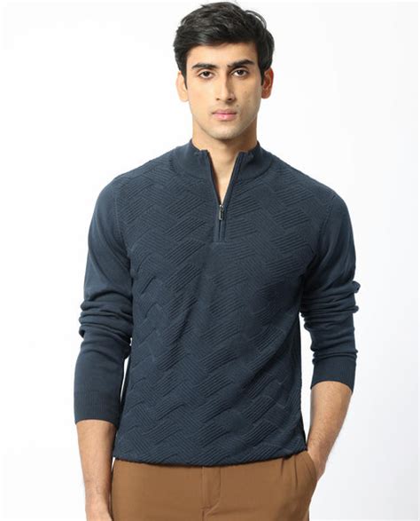 Rare Rabbit Mens Troyo Blue Sweater Full Sleeve High Neck Solid