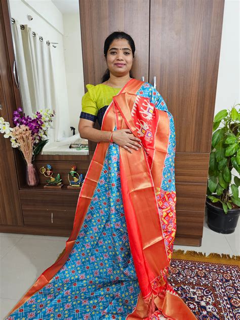 Pochampally Art Silk Saree - Blue with Orange – Looms Legacy