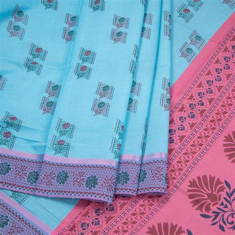 Sky Blue Poly Cotton Printed Saree – Kumaran Silks