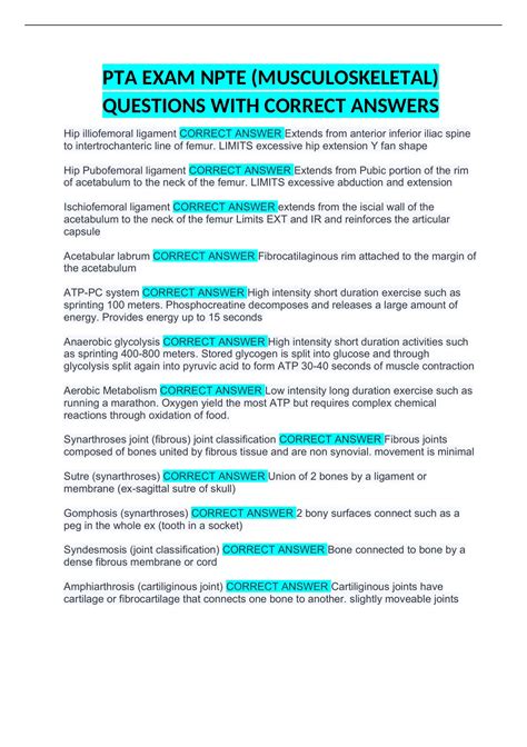 PTA EXAM NPTE (MUSCULOSKELETAL) QUESTIONS WITH CORRECT ANSWERS - PTA ...