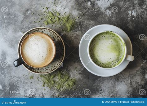 Matcha and Coffee Cups on Gray Surface Stock Photo - Image of gray ...