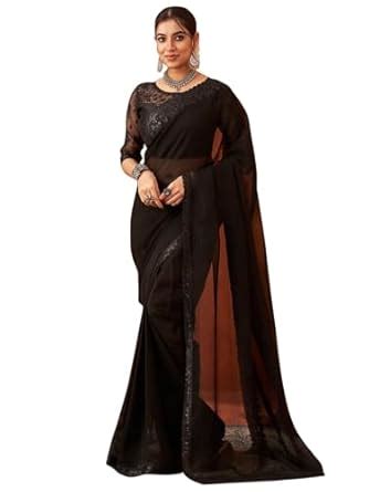 Buy AKHILAM Women's Black Chiffon Solid Saree With Unstitched Blouse ...