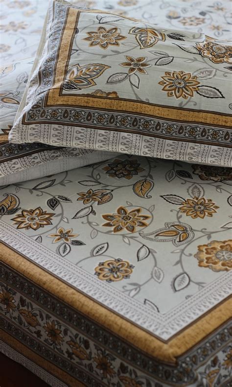 Cotton Floral Grey & Yellow Print Super King Size Bedsheet with 2 Pill ...