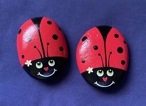 Ladybug Painted Rocks, Bug Painted Stones, Set of 2 Ladybugs, Garden ...