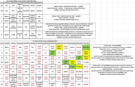 2024-25 ASSESSMENT II / HALF YEARLY EXAM TIME SHEET