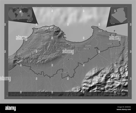 Alger, province of Algeria. Bilevel elevation map with lakes and rivers. Locations and names of ... - map of algeria with major cities