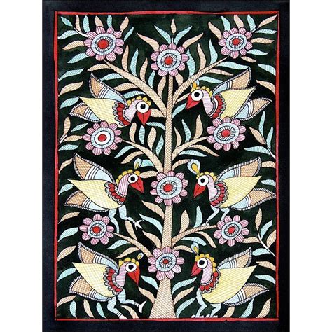 Birds on Tree 2, Madhubani Art, Mithila Painting, Indian Traditional A ...