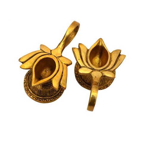 BRASS LOTUS DIYA OIL LAMP WITH HANDLE SET