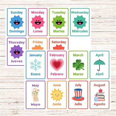 Bilingual Flashcards: Days, Months - Spanish & English (printable) - Etsy