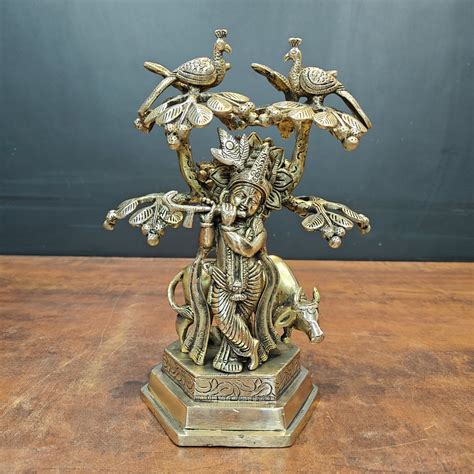 Brass Krishna Idol With Cow Under Kadamba Tree Antique Finish 10 Inche ...