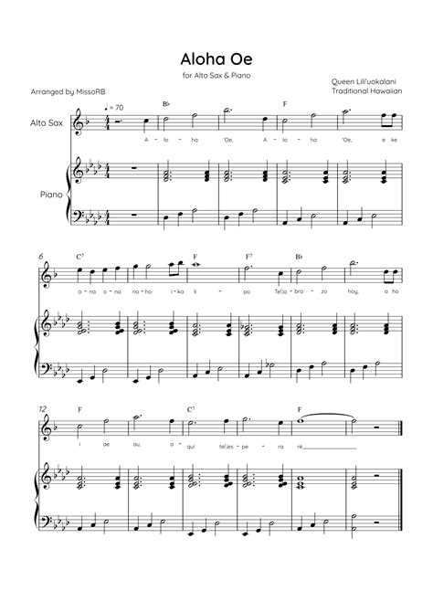 Aloha Oe - Alto Sax & Piano in Ab Major Easy With Lyrics & Chords (arr ...