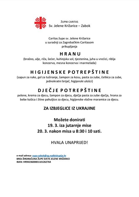 Pomoć za izbjeglice iz Ukrajine – Župa svete Jelene Križarice