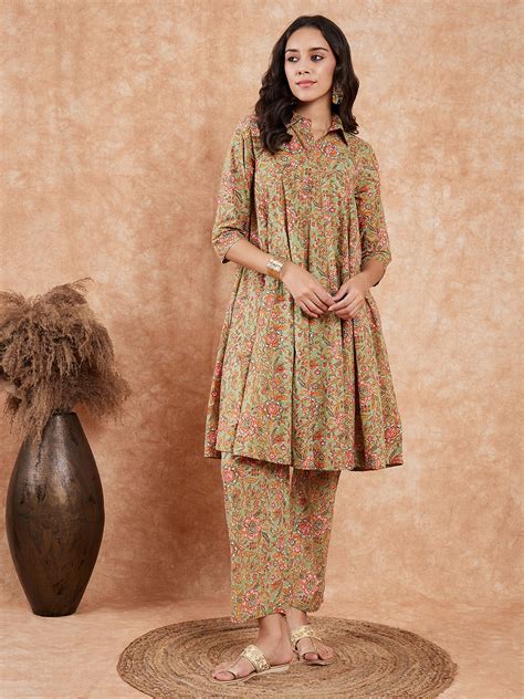 Pear Green Orange Floral Print Flared Kurta Pant Set