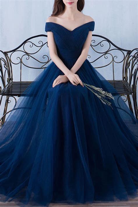 off-shoulder prom dress, ball gown, beautiful dark blue lace tulle long ...