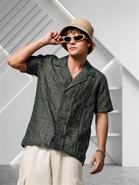 Olive Korean Linen Blend Embroidered Notched Lapel Collar Resort Shirt ...