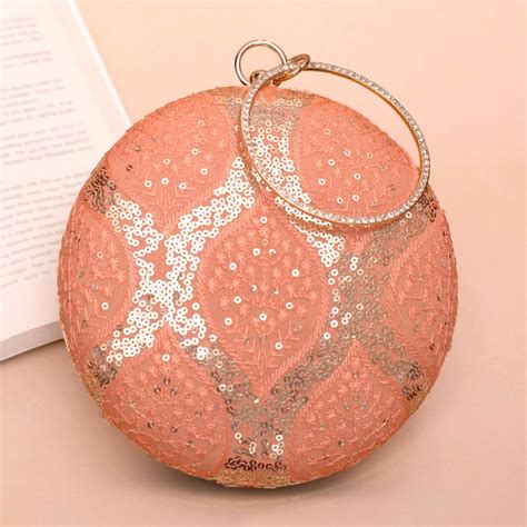 Artklim Peach Base Sequins And Threadwork Embroidery Clutch