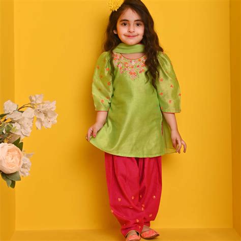 Buy Parrot Green & PINK Chanderi Suit Salwar for Girls – KLISTEL