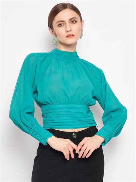 Madame Green High-Neck Pleated Balloon Top