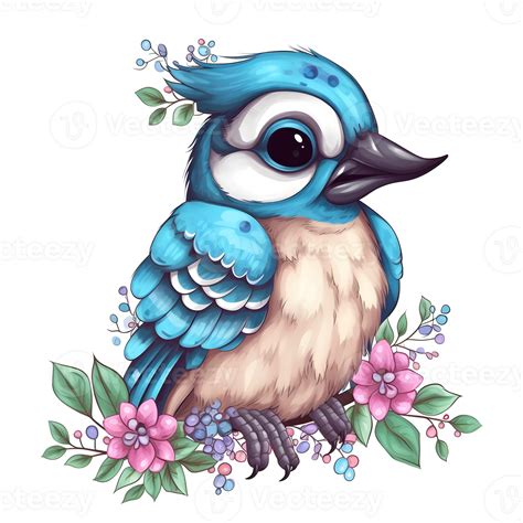 Cute cartoon blue bird with flowers and leaves on transparent ...