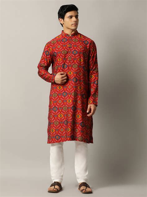 THE KURTA COMPANY Red Silk Blend Printed Kurta - Regular Fit with ...