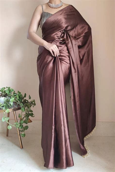 Glorious Brown 1 Minute Ready To Wear Satin Silk Saree With Handmade T ...