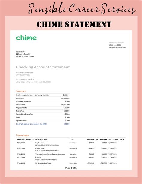 CHIME BANK STATEMENT 5pages Chime Statement Bank - Etsy