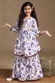 Girls White Cotton Blend Ajrakh Printed Empire Waist Kurta With Sharar