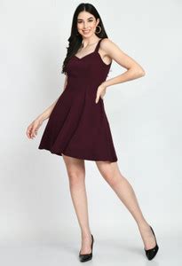 OFFMINT Women Fit and Flare Maroon Above Knee/Mid Thigh Length Dress ...