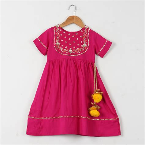 GIRLS FUSCHIA HAND EMBROIDERED ETHNIC GOTA DRESS WITH POM POM – Amber ...
