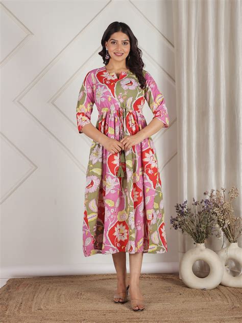 Buy Pink Floral Gathered Soft Cotton Dress TP8995T | Aramya