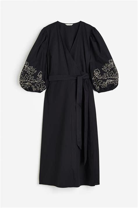 Embroidered wrap dress - Black/Embroidered - Ladies | H&M IN