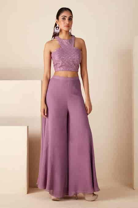 Buy Purple Georgette Sequins, Embroidery Halter Neck Crop Top And ...