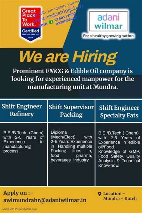 Adani wilmar Limited Mundra Kutch Gujarat Jobs for Shift Engineer ...