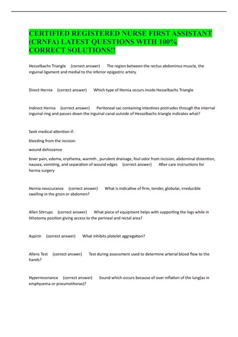 CERTIFIED REGISTERED NURSE FIRST ASSISTANT (CRNFA) LATEST QUESTIONS ...
